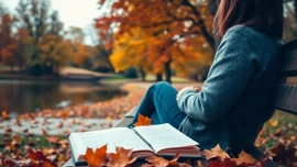 Person dealing with grief while writing in a journal beside a tranquil lake.