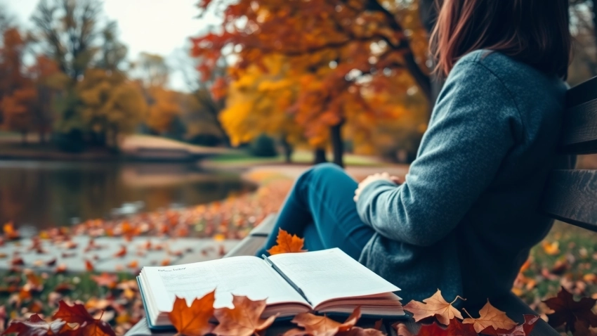 Person dealing with grief while writing in a journal beside a tranquil lake.