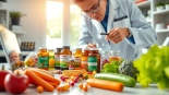 Highlighting Vitamin Boosters in a professional lab with fresh fruits and detailed bottles.