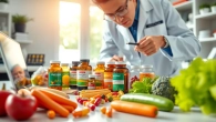 Highlighting Vitamin Boosters in a professional lab with fresh fruits and detailed bottles.