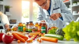 Highlighting Vitamin Boosters in a professional lab with fresh fruits and detailed bottles.