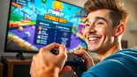 Playing the stumble guys mod menu with an animated expression in a vibrant gaming scene.