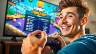 Playing the stumble guys mod menu with an animated expression in a vibrant gaming scene.
