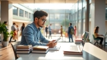International student engaged in study at a vibrant university setting, showcasing diversity and cultural exchange.
