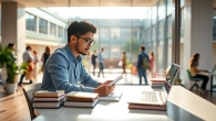 International student engaged in study at a vibrant university setting, showcasing diversity and cultural exchange.