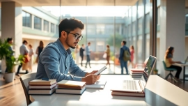 International student engaged in study at a vibrant university setting, showcasing diversity and cultural exchange.
