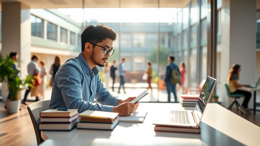 International student engaged in study at a vibrant university setting, showcasing diversity and cultural exchange.