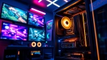 Visualize dma cheats through a high-tech gaming setup and illuminated computer systems.
