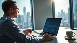 Analyze stocks using an AI stock picker tool on a laptop in a bright office setting.