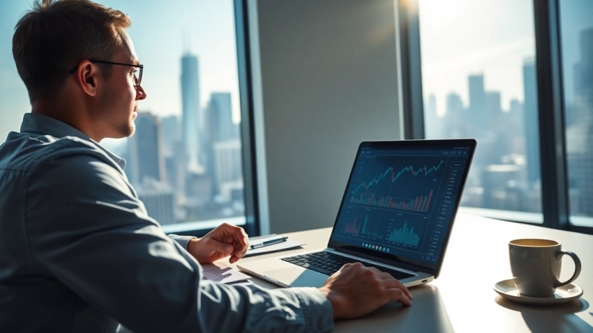Analyze stocks using an AI stock picker tool on a laptop in a bright office setting.