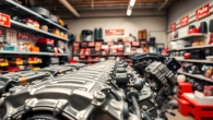 Explore Cheap used engines for sale in a well-organized auto parts display with shiny metallic features.