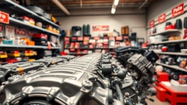 Explore Cheap used engines for sale in a well-organized auto parts display with shiny metallic features.