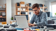 Computer repair technician focused on laptop repairs in a professional workspace.