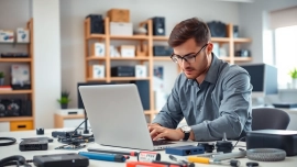 Computer repair technician focused on laptop repairs in a professional workspace.