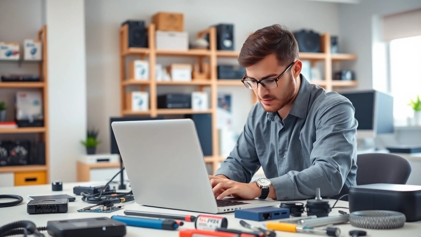 Computer repair technician focused on laptop repairs in a professional workspace.