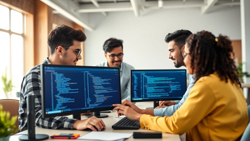 Team collaborating on GitHub Copilot vs Gemini comparison in modern office