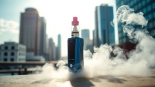 Experience the tugboat vape with sleek design and vapor clouds in a vibrant urban setting.