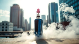 Experience the tugboat vape with sleek design and vapor clouds in a vibrant urban setting.