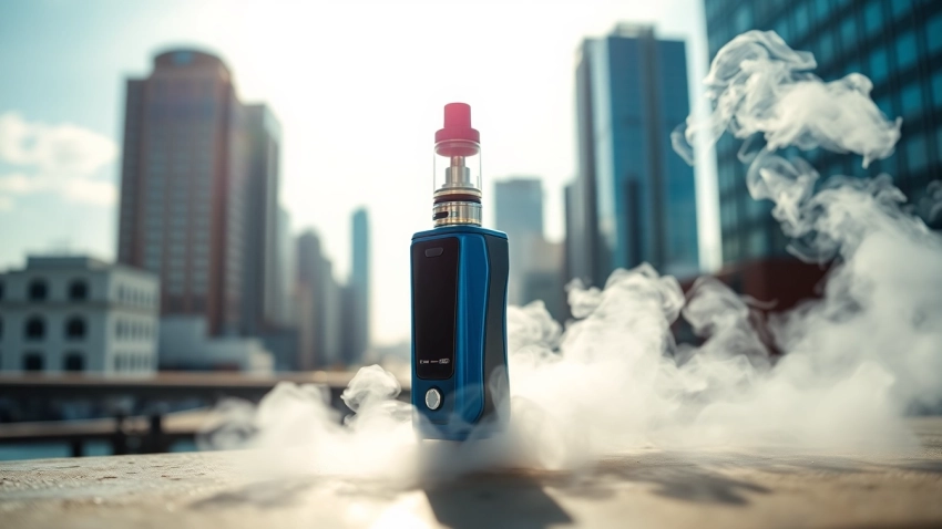 Experience the tugboat vape with sleek design and vapor clouds in a vibrant urban setting.
