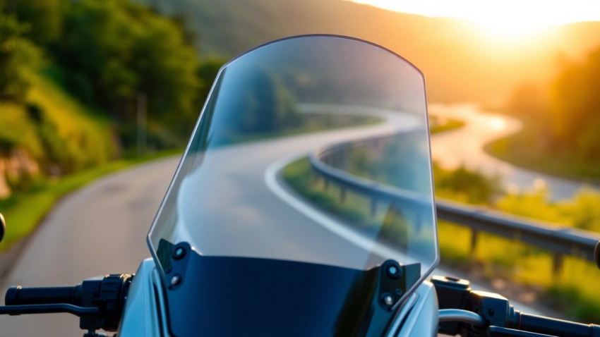 View of motorcycle windshields showcasing sleek design and high clarity against natural scenery.
