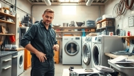 Expert performing washer repair in a bright workshop with tools and spare parts.