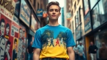 Showcasing a trendy Beatles Abbey Road shirt worn by a model in an urban graffiti backdrop.