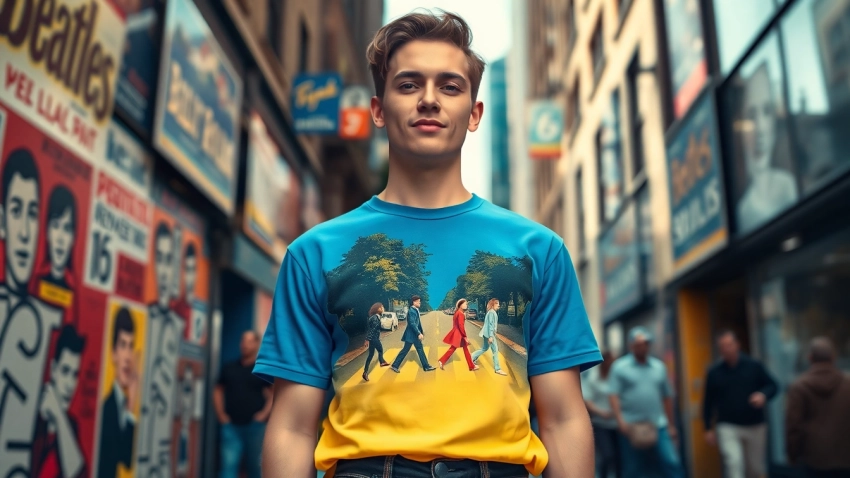 Showcasing a trendy Beatles Abbey Road shirt worn by a model in an urban graffiti backdrop.