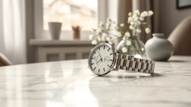 Damen Armbanduhr in eleganter Umgebung mit minimalistischem Design und weichem Licht.