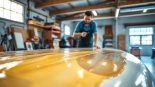 Applying laminating resin on fiberglass for boat construction in a well-lit workshop.