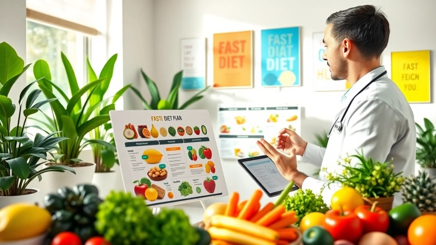 Implement a fast diet plan with expert guidance in a vibrant nutrition consultation.