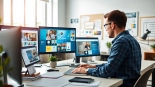 Showcasing website design in a vibrant office setting with a designer and colorful mockups.