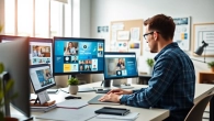 Showcasing website design in a vibrant office setting with a designer and colorful mockups.