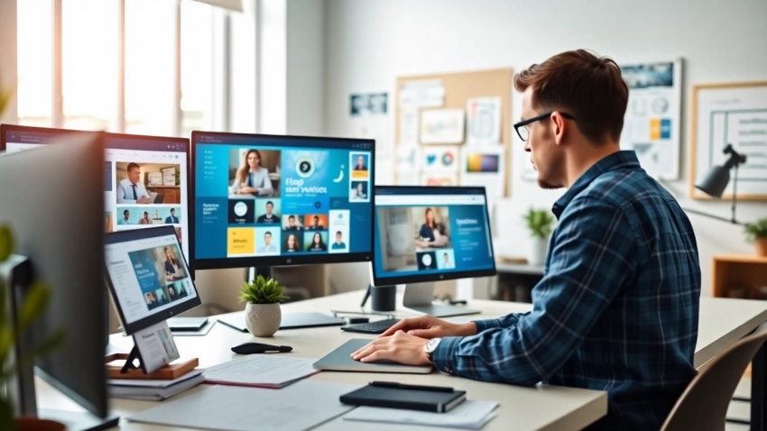 Showcasing website design in a vibrant office setting with a designer and colorful mockups.