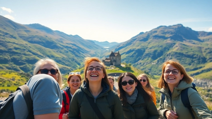 Engaged tourists enjoying stunning Scottish tours amidst picturesque highlands and historical sites.