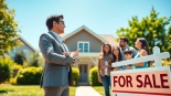 i want to sell my house urgently with a real estate agent helping a family in front of a house