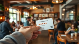 Engaging scene showcasing a Google Review Card at https://www.reviewcardsgoogle.com in a café environment with happy customers.