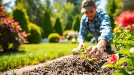 Landscaping contractor Coquitlam planting flowers in a vibrant garden setting with professional care.