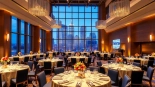 Arrange a banquet setting at a modern trenton event center, highlighting elegant decor and vibrant atmosphere.