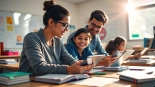 Math Tuition session with enthusiastic tutor and engaged students in a vibrant classroom.