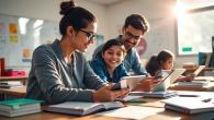 Math Tuition session with enthusiastic tutor and engaged students in a vibrant classroom.