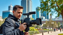 Engaged edmonton videographer capturing rich city scenes with professional equipment.