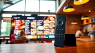 Engaging digital signage using Fire TV digital signage app in a lively café setting.