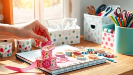 Creative display of colorful washi tape rolls adorning a desk, inspiring craft projects.