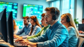 Team providing IT support service collaboratively in a modern office setting.