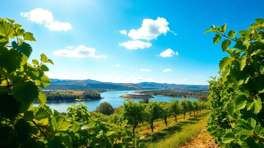 Beautiful landscape of Carksburg ca with vineyards and the Sacramento River in view.