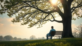 A person reflects on dealing with grief in a serene park setting, surrounded by nature.