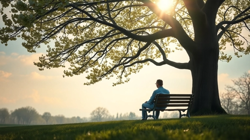 A person reflects on dealing with grief in a serene park setting, surrounded by nature.