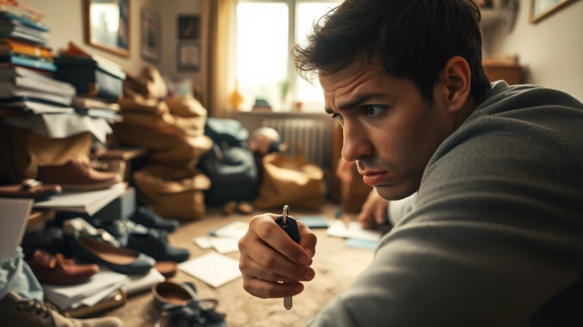 Searching for Lost Car Keys amidst everyday clutter in a warm, natural setting.