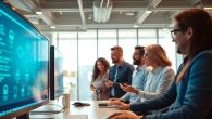 Engineering team designing cloud infrastructure and DevOps services in a vibrant workspace.
