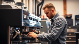 Technician providing Cimbali teknik servis for espresso machines, repairing defects with precision.
